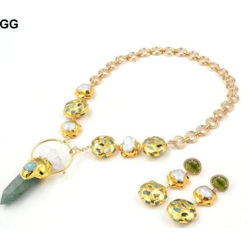 GuaiGuai Jewelry Natural Keshi Pearl Chrysoprases Green Muscovite Point White Quartz Raw Pendant Chain Necklace Earrings Sets