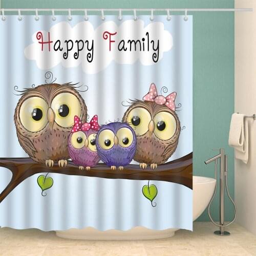 Cartoon Animals Shower Curtain Happy Family Birds Fashion Bath Accessories with Hooks Waterproof Polyester Fabric Bathroom Decor