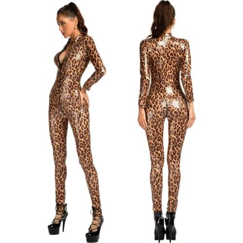 AIIOU Sexy Leopard Bodysuit Wet Look Faux Leather Catsuit Hot Erotic Women Zipper Open Crotch Jumpsuit Mistress Sex Costumes