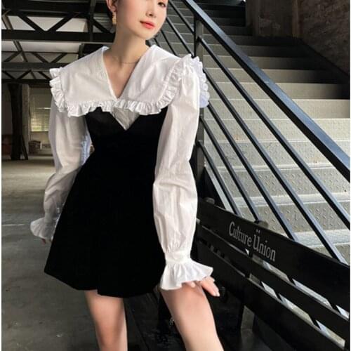 Black Mini Dress Womens 2021 Spring And Autumn Sling V Neck Large Hem Dresses Female Cute Party Clothing New X341