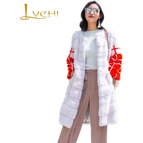 LVCHI Winter 2019 O-Neck Real Mink Fur Coat Womens Long Sleeve Print Flower Coat Long Patchwork Colorful Slim Thick Mink Coats