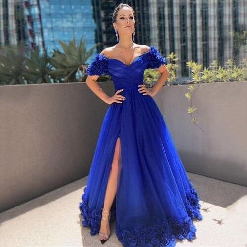 Weilinsha A-Line Side Slit Evening Dress 2021 Sexy Sweetheart Off the Shoulder Tulle Flowers Sweep Train Party Gowns