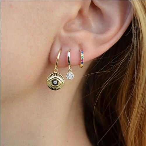 Gold filled geometric round coin Engraved Evil eye Simple fashion women lucky dangle charm earrings