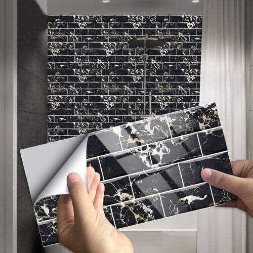 10pcs/Set Rectangle Black Flat Marble Texture Tiles Wall Sticker Kitchen Bathroom Home Decor Peel & Stick Waterproof Art Mural