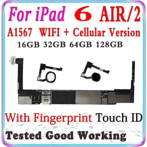 A1567 WLAN + Cellular Version For iPad 6 Air 2 Motherboard With Touch ID Finger Unlocked mainboard For iPad 6/air 2 Logic board