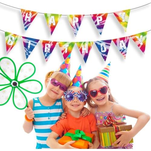 BA277 Girls Birthday Carnival Tie Dye Theme Happy Birthday Banner Pennant Bunting Banner for Hippy Music Disco Party