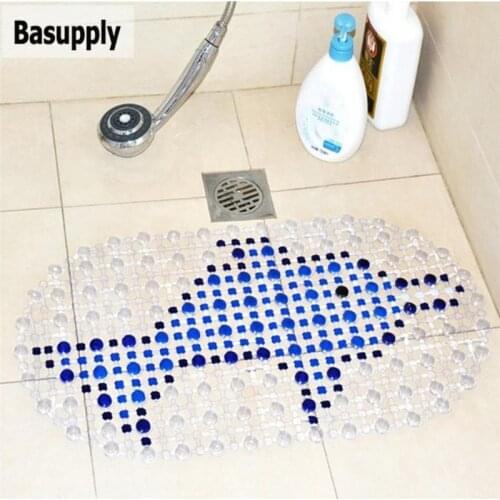 Basupply 1Pc PVC Cartoon Bath Mat Transparent Bathroom Decor Heart Shower Doormat Creative Furniture Fish Shape Anti-skid Pad