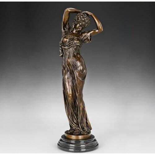 Large Tying Hair up Young Woman Statue Sculpture Bronze Beautiful Female Art Marle Base Home Decor Gifts