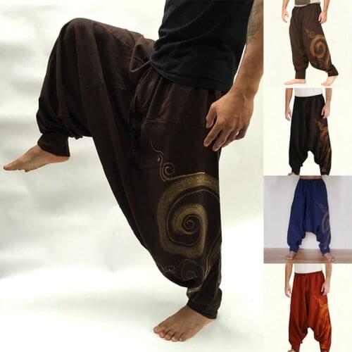 2021 New Spring Summer Men Cotton Print Loose Cross Pants Hip Hop Harem Pants Elastic Waist Drop Crotch Joggers Casual Trousers