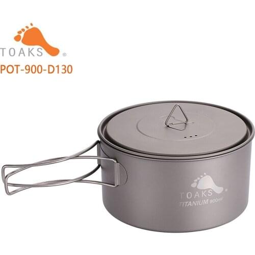 TOAKS 900ml Titanium Pot Outdoor Camping Cooking Pots Ultralight Titanium Pot With Titanium Lids Folding Handles POT-900-D130