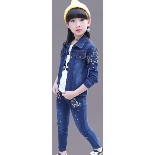 Autumn Denim Clothes For Girls Floral Jacket + Jeans Fashion Childrens Costume Winter Teenage Clothes For Girls 6 8 12 Years