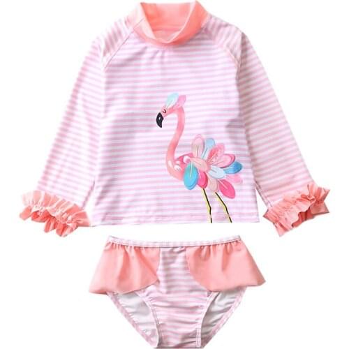 New 2020 Girls Ins Flamingo Swimwear 2~8Y Baby Girls Rash Guards Two pieces long sleeves Children Swimwear Beach wear-SW435