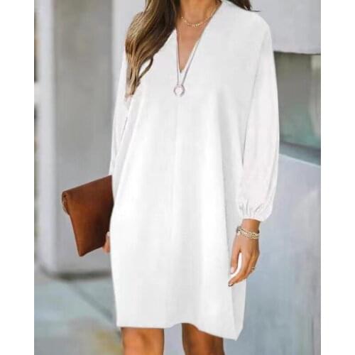 Womens V-neck Long Sleeve Solid Color Loose Dress Fashion Clothing Female Summer OL Office Party Mini Dresses