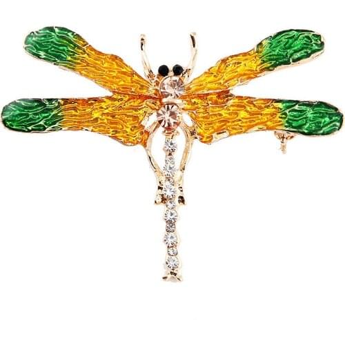 Hot Cool Insect Yellow Dragonfly Rhinestone Pins Badge Brooches For Women Fashion Jewelry Retro Men Boutonniere Pins Gift