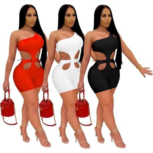 Casual Fitness One Shoulder Solid Playsuit Sexy Sleeveless Hollow Out Biker Shorts Bodycon Work Out Jumpsuit Women Clothing