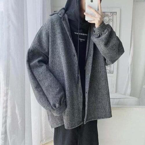 2021 Japanese Style Mens Retro Thick Fabric Long Sleeves Shirts Loose Fashion Trend Coats Casual Shirts Black Camisa Masculina