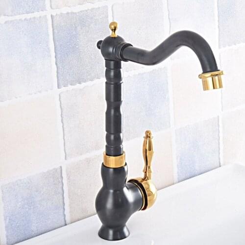 Basin Faucets Black Gold Brass Bathroom Sink Faucets Single Handle Swivel Spout Hot And Cold Wash Basin Tap Nsf792