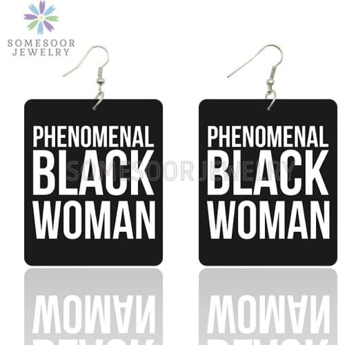 SOMESOOR Phenomenal Black Woman Beautiful Wooden Drop Earrings Power Sayings Print Inspired Square Dangle Jewelry For Women Gift