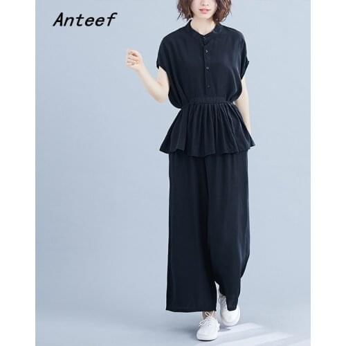 Cotton vintage summer casual 2 two piece set loose tee t shirt women t-shirt ladies tshirt 2021 tops wide leg pants