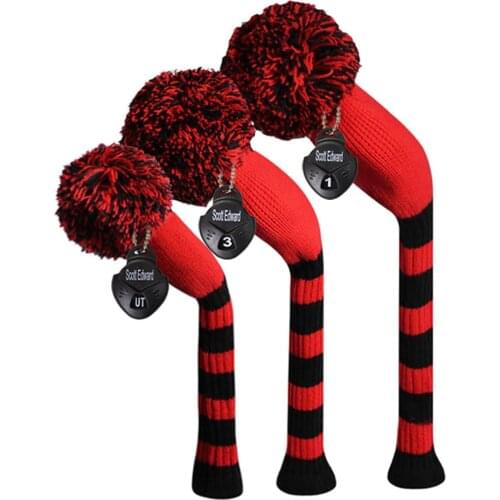 Red Color Black Big Stripes Style Knit Golf Headcover, set of 3 for Driver/Fairway/Hybrid