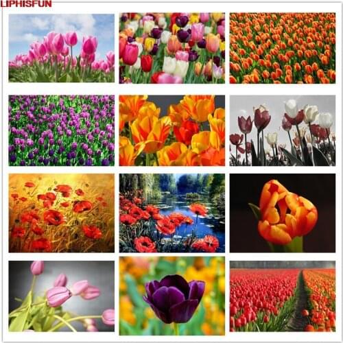 LIPHISFUN Handmade Cross Stitch Embroidery Diamond Painting Full Drill Home Decor Square/round scenery flower tulip