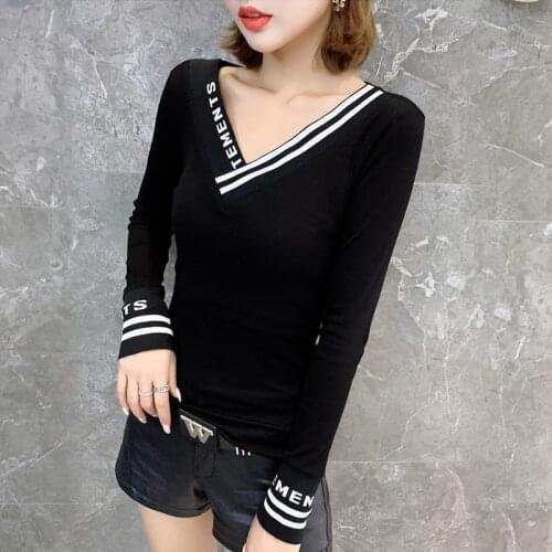 Women T-shirt Long-Sleeve 2021 New Arrival Spring And Autumn Sexy Slim Letter V-neck Female T-shirt Korean Style Black c57