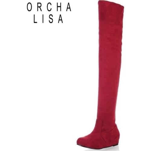 ORCHA LISA Women Knee High Boots Autumn Winter Ladies Flat Low Heel Boots Flock Casual Shoes Black Red Brown Big Size 34-43RH950