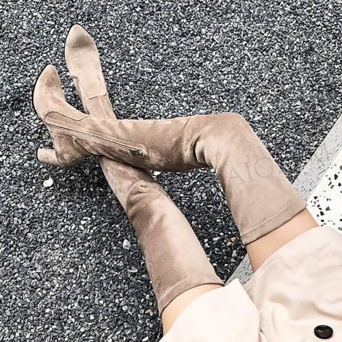 LAIGZEM Womens Over Knee Boots Side Zip 8CM Chunky Heels Suede Thigh Boots Pointy Shoes Woman Botas Mujer Large Size 38 39 43