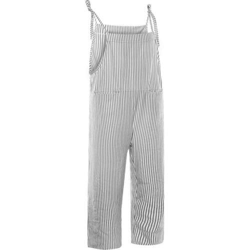 Summer Women Jumpsuits Casual Vertical Stripes Bib Overall Sleeveless Pockets Loose Jumpsuit Dungarees vestido de muje 2021