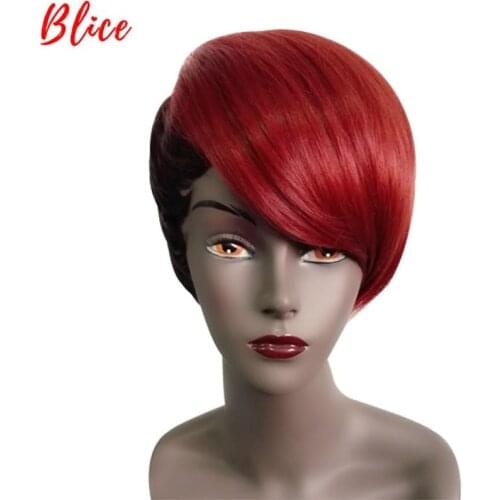 Blice For Women Synthetic Short Straight 8 Inch Natural Wig Mix Color FT1B/530# Right-Side Bang African American Wine Red Wigs