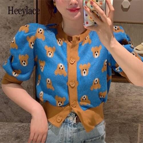 Bear Knitted Women Cardigan Tops Summer 2021 Puff Sleeve O-neck Single Breasted Crop Tops Korean Vintage Ladies Jumpers