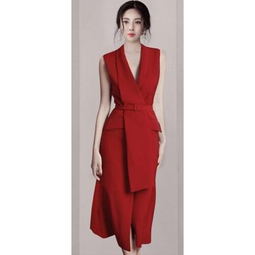 New Designer Brand Clothing 2020 Runway Summer Women Red Sleeveless Notched Female Elegant Slim A-line Party Midi Dress