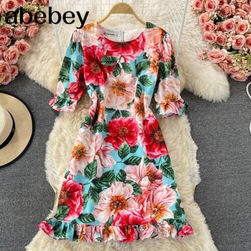 2021 New Summer Fashion O-neck puff sleeve Dress with ruffles patchwork high waist pleated print short A-line Dress