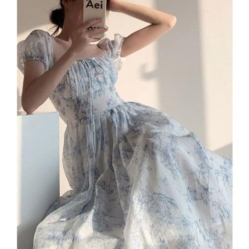 Women Short Sleeve Design Korean Slim Floral Dress 2021 Summer Vintage Elegant Sweet Dress Japanese Sexy Beach Fairy Sundress