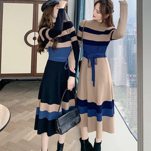 New Arrival Runway Chic Elegant Knitting Sweater Casual Dress Long Sleeve Lace-Up High End Stretch Knit Vintage Stripe Dresses