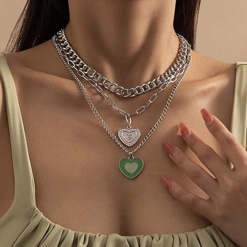 Punk Alloy Love Heart Pendant Necklaces for Women Vintage Hiphop Multilayer Thick Chains Geometric Necklace Colar Jewelry Gift