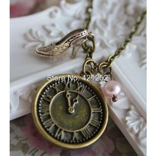 12pcs princess necklace love vintage charm clock high heel pendant bronze antique retro jewellery princess fairy tale jewelry