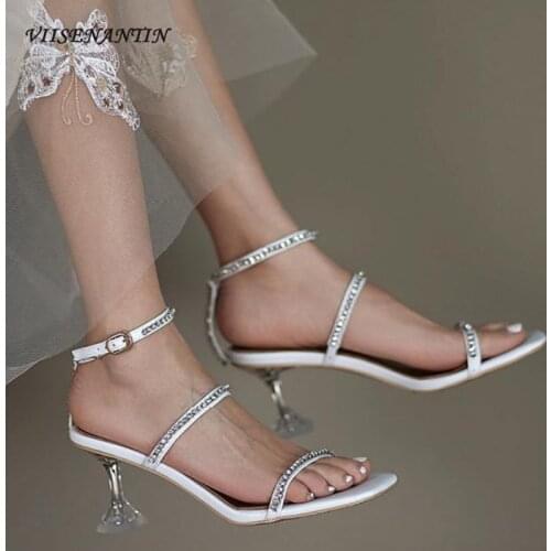 2021 New Summer Rhinestone Blingbling Stiletto Square Toe Open Toe Fairy Style Fashion Large Size High Heel Sandals