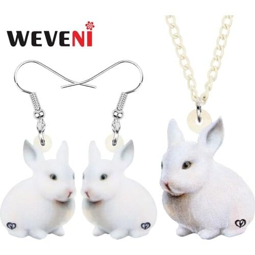 WEVENI Acrylic Easter White Hare Rabbit Bunny Jewelry Sets Long Cute Animal Earrings Necklace For Women Teen Kid Gift Decoration
