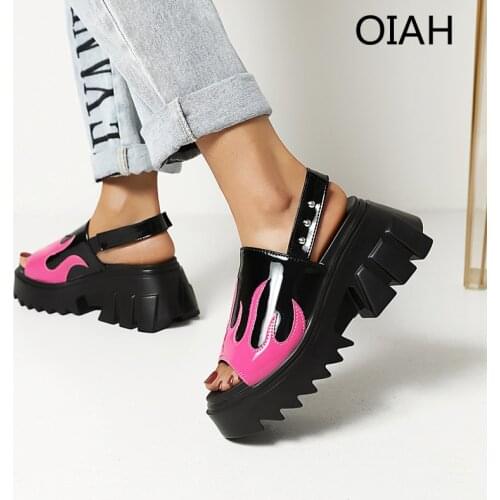 OIAH Design Women Punk Style Sandals Thick Heel Buckle Strap Round Toe Fretwork Footwear Peep Toe Casual Sandals Lady Rome Shoes