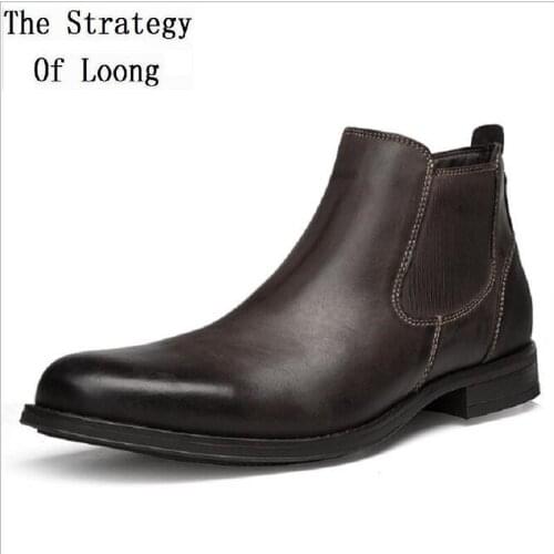 NEW Men Chelsea Ankle Boots Mens Male Brand Genuine Leather Slip On Motorcycle Man Warm Work Business Dress Shoes 190709