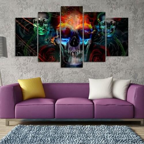 Canvas Living Room Pictures Painting Wall Art 5 Panel Colorful Light Skull Frame HD Printed Modern Modular Poster Home Decor