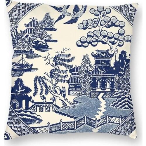 China Blue Willow Square Pillowcover Decoration Oriental Chinoiserie Pattern Cushion Cover Throw Pillow For Sofa Printing