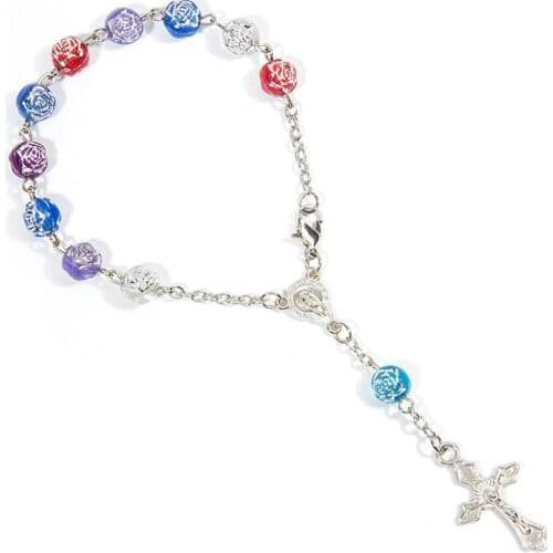 Colorful rose Beads Catholic Rosary Bracelet Jesus Virgin Mary Saint Cross Bracelets Religious Jewelry Christmas Gift