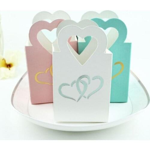 FeiLuan store new 20pcs gold Mini Heart Wedding Decoration Candy Box Beautiful Double Sliver Heart Hand bag Party Favor Gift Bag