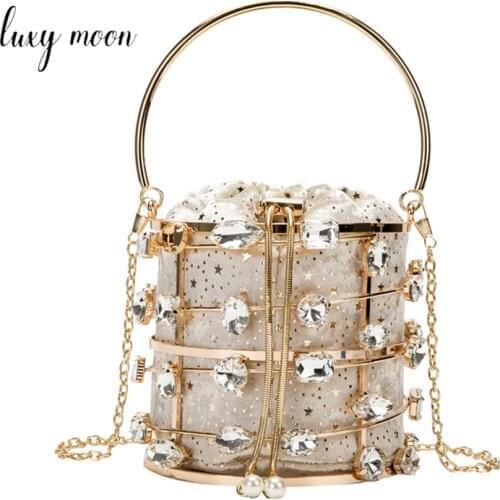 Metal Hollow Bucket Bag Crystal Wedding Clutch Purse Evening Bag For Women Luxury Small Party Handbag With Metal Handle ZD2080