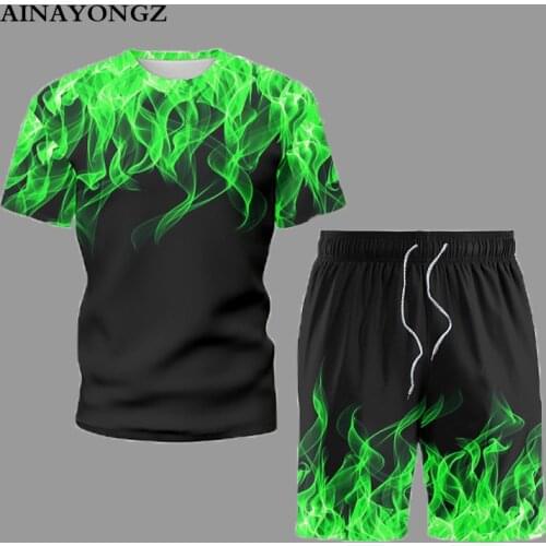 2021 Fashion Mens Sets Summer Casual Short Suit 3D Flame Print Tracksuit 2-Piece T-Shirt Shorts Can Separate Sell Trend Set Man