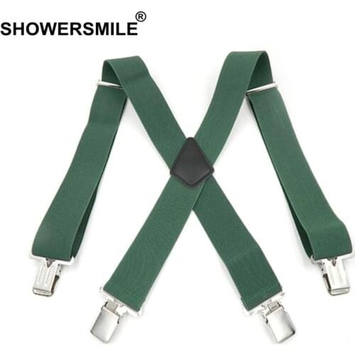SHOWERSMILE Green Men Shirt Suspenders Wide 5cm Mens Braces 120cm 4 Clips Adjustable Leather Trousers Strap Gift For Boyfriend