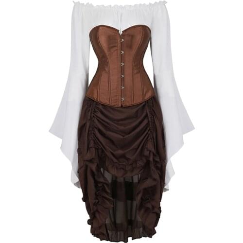 Corset Dress Top Skirt 3-Piece Irregular Costume Cosplay Gothic Punk Bustier Pirate Burlesque Vintage Sexy Korsett Plus Size