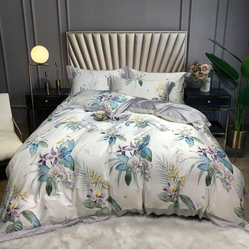 Luxury White Flowers 60 Tencel Cotton Duvet Cover Bed Linen Fitted Sheet Pillowcases Bedclothes King Queen Size 4PCS